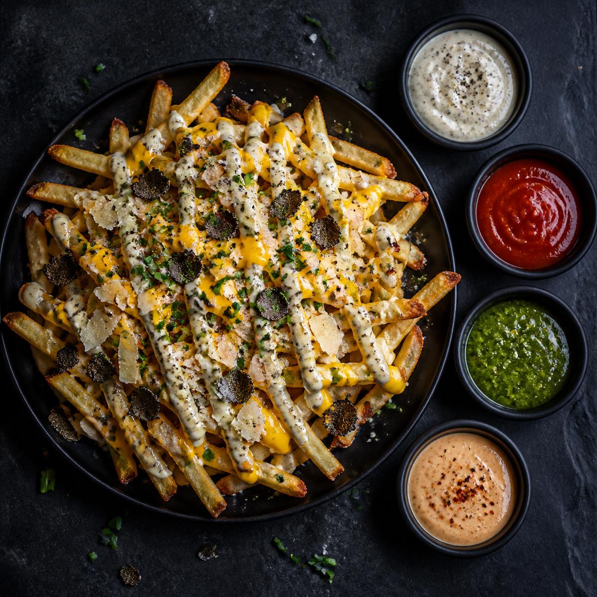 Loaded fries with cheese sauce, truffle mayo and four dipping sauces