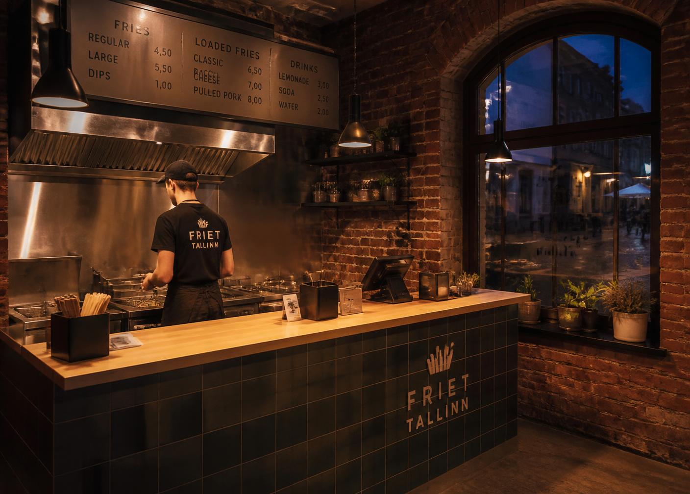 Interior of the Best Fries counter in Tallinn Old Town at dusk